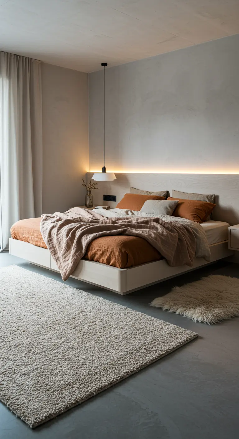 Chambre minimaliste avec une tête de lit en bois clair rétroéclairée par une bande LED.