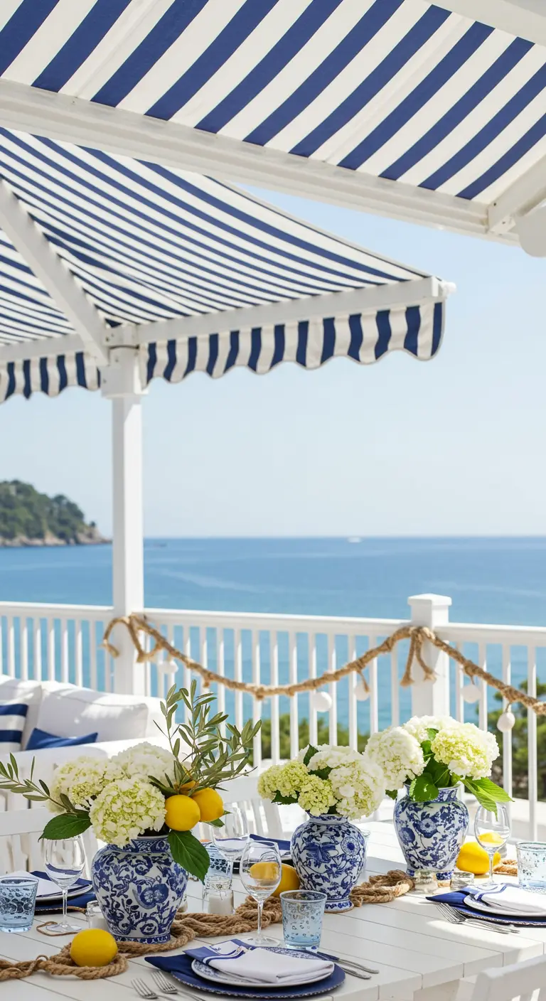 Table en bord de mer, auvent rayé bleu et blanc, vases en porcelaine et citrons.