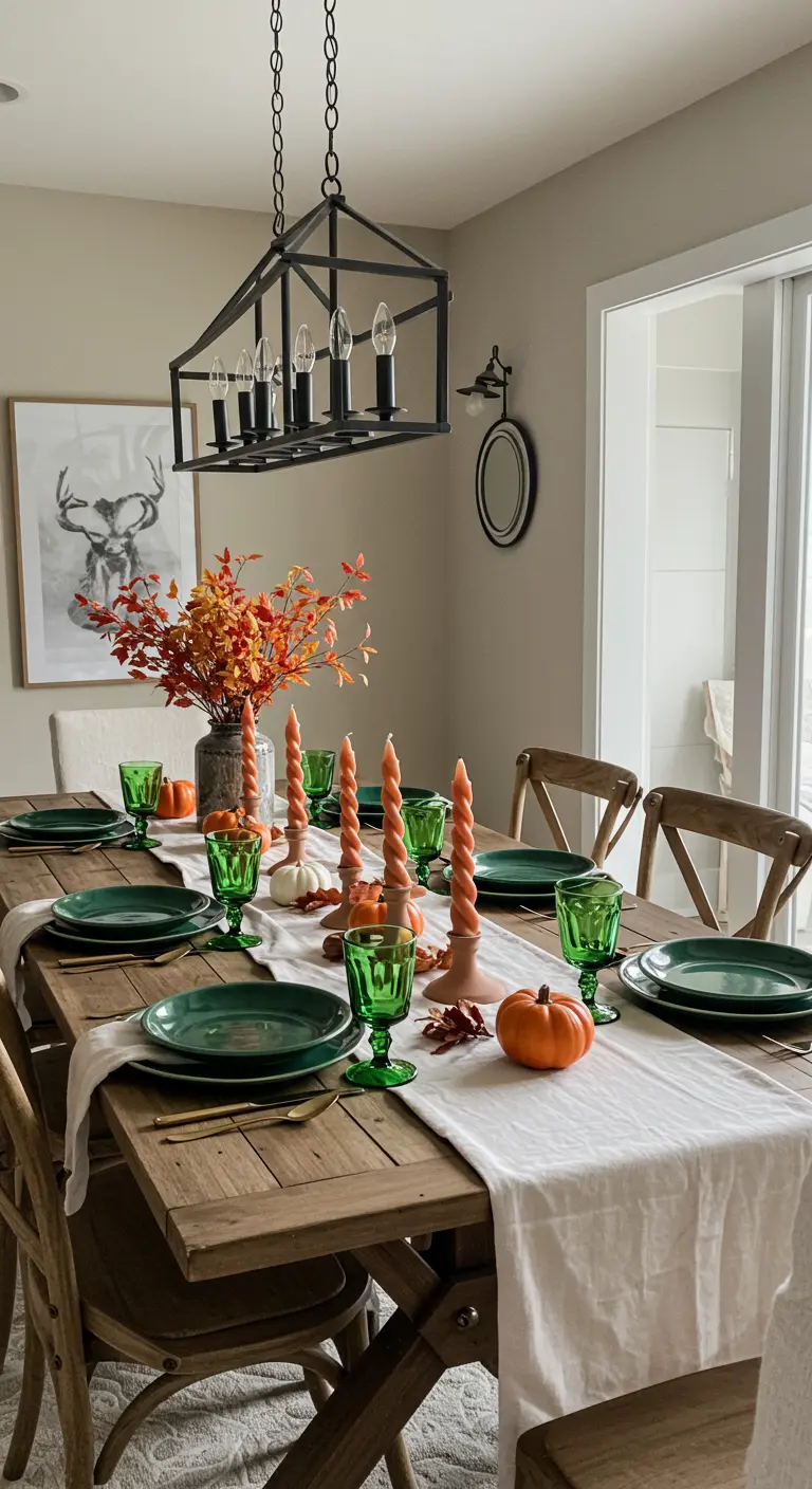 Table en bois rustique décorée avec des bougies torsadées orange et des citrouilles.