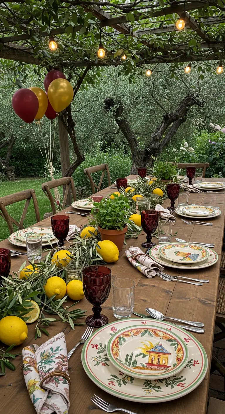 Grande table en bois en extérieur décorée de citrons et de branches d'olivier.
