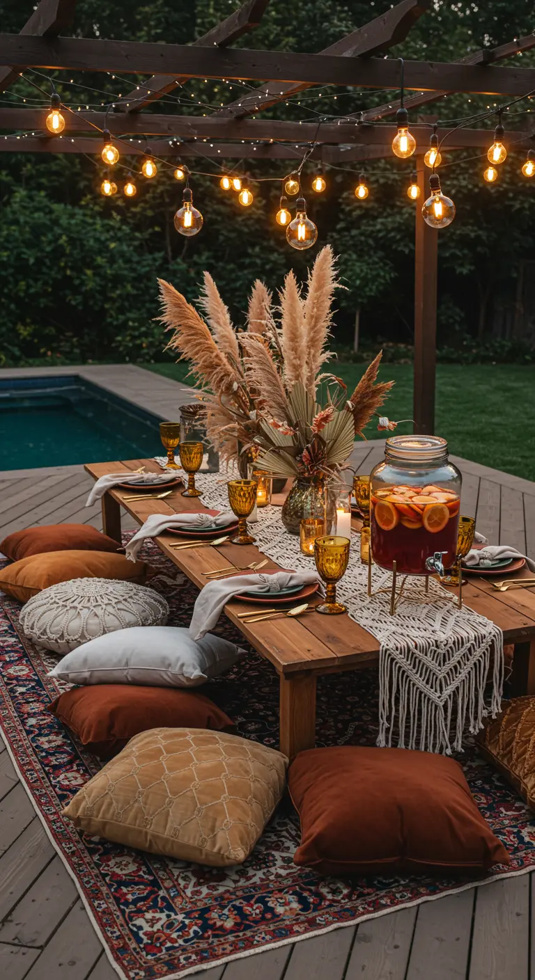 Table basse bohème au bord d'une piscine avec coussins au sol et pampas.