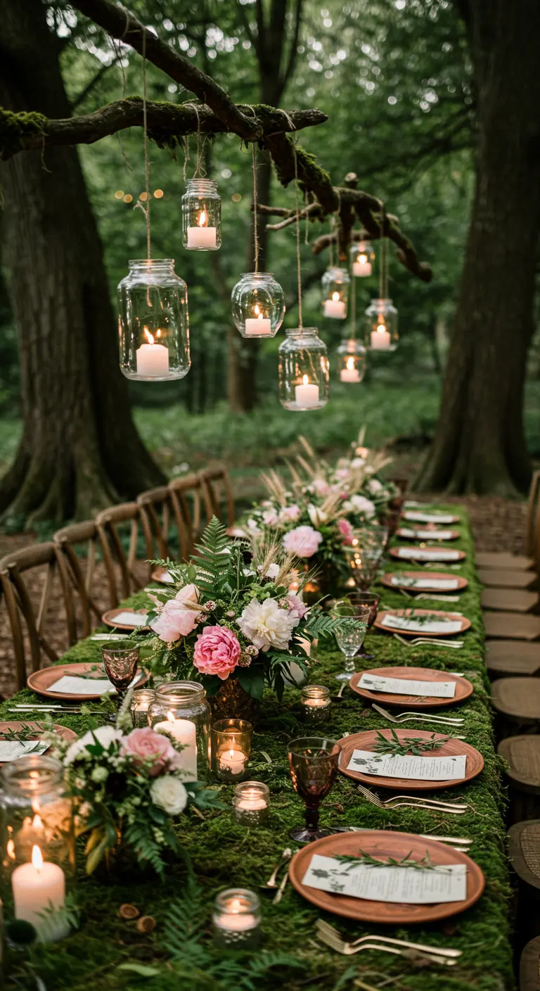 Table de mariage décorée de mousse et de lanternes suspendues dans une forêt.