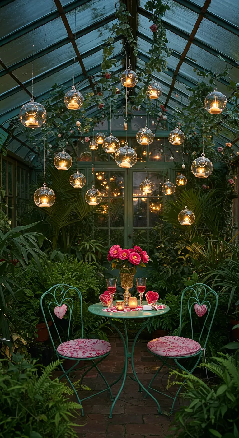 Une petite table dressée pour deux dans une serre luxuriante, illuminée par des bougies suspendues.