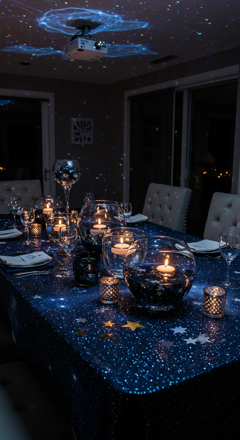 Table de dîner avec une nappe étoilée, des bougies flottantes dans des vases ronds et un ciel projeté.