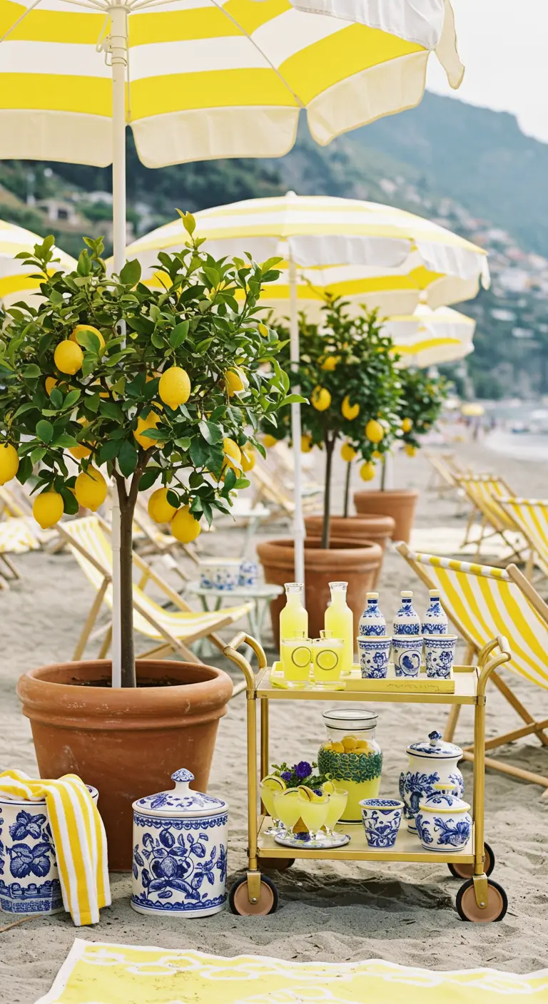 Scène de plage inspirée de l'Italie avec des parasols jaunes, des citronniers et de la céramique.