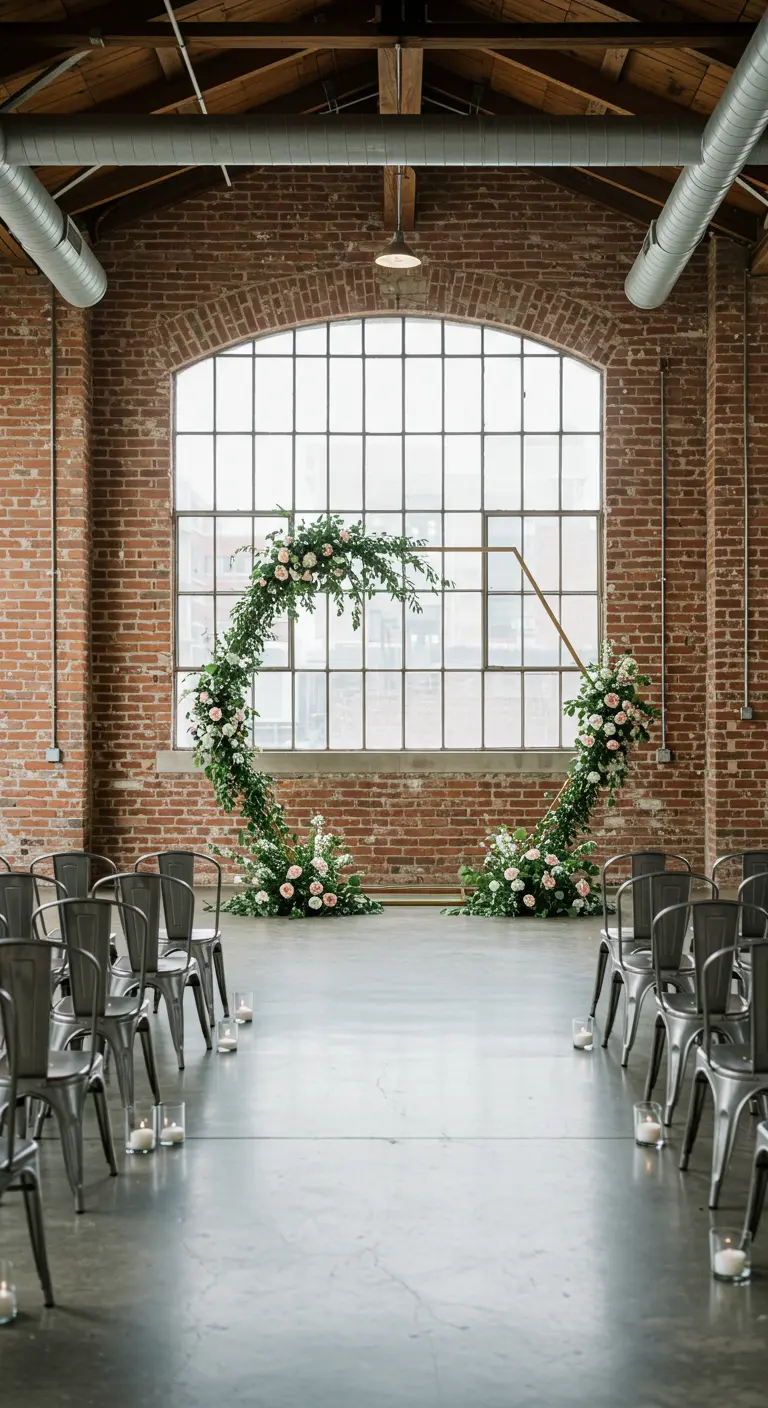 Arche de mariage circulaire avec roses roses dans un espace industriel en briques.