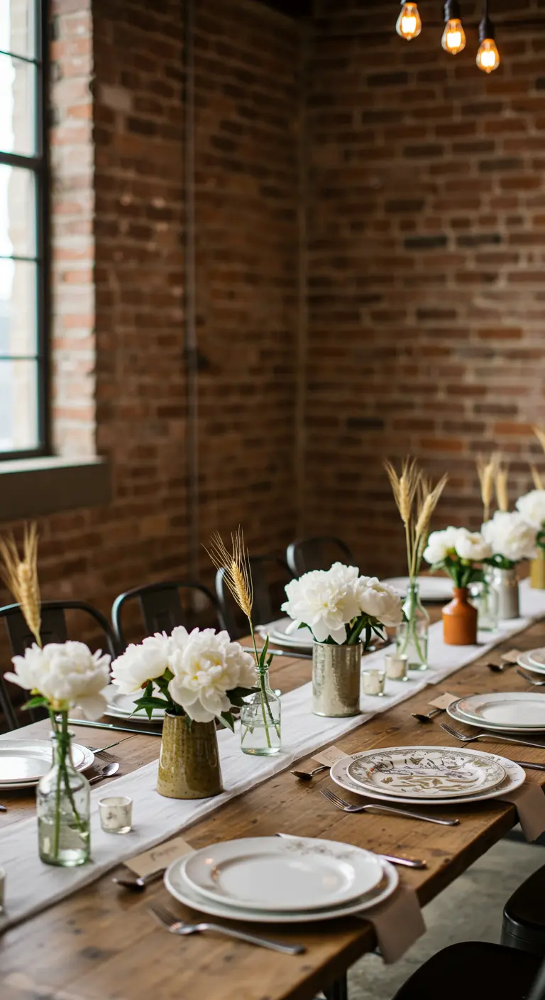 Table en bois dans un loft avec des pivoines blanches dans de petits vases.