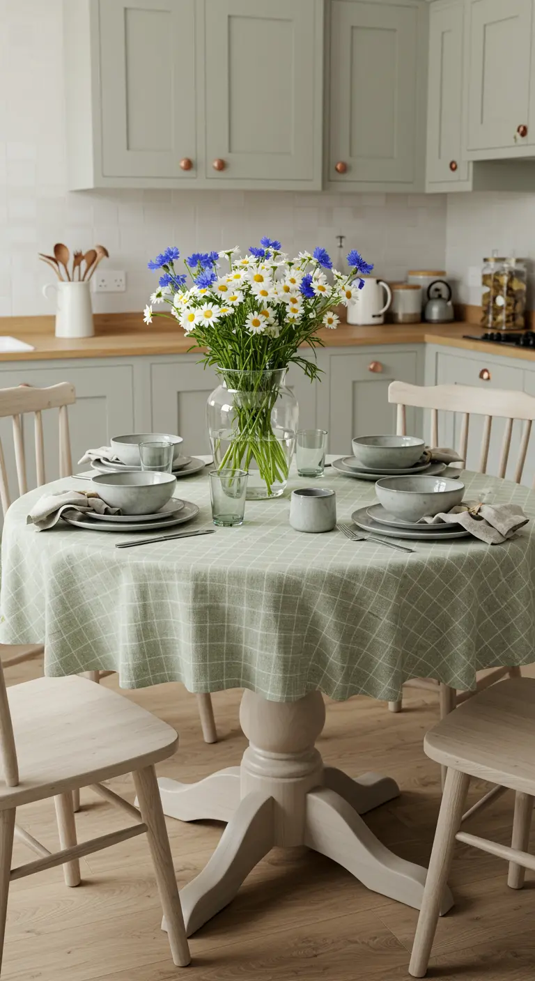 Petite table ronde avec nappe à carreaux verts et bouquet de bleuets.