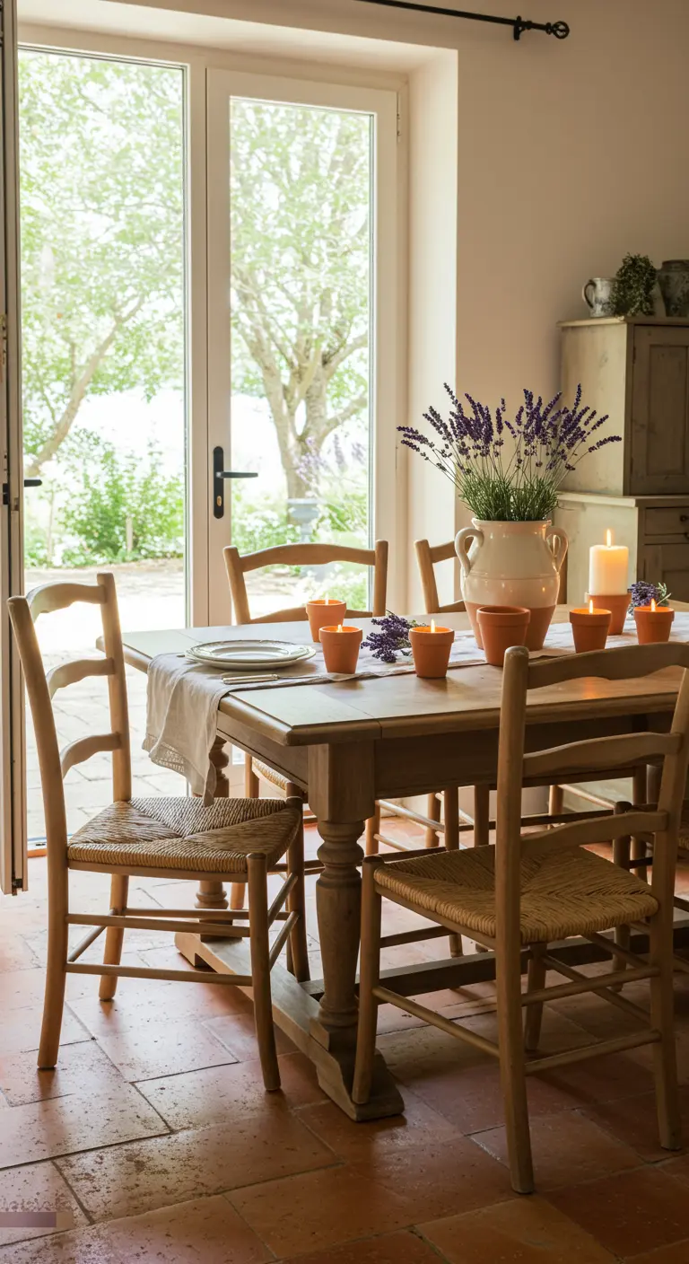 Table en bois dans une ambiance provençale, avec des pots en terre cuite, de la lavande et un sol en tomettes.