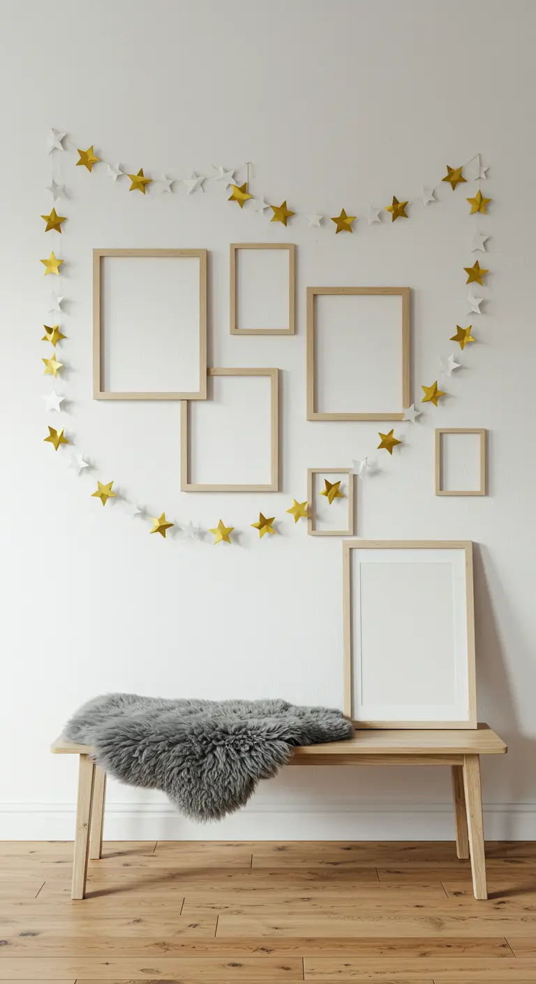 Mur blanc avec cadres en bois clair, guirlande d'étoiles et banc.