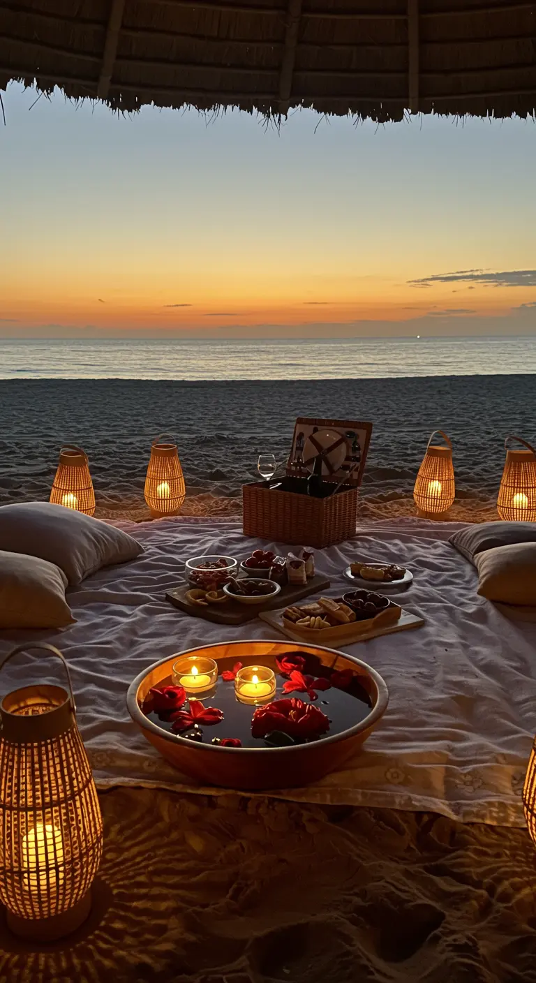 Pique-nique romantique sur la plage au coucher du soleil avec des lanternes.