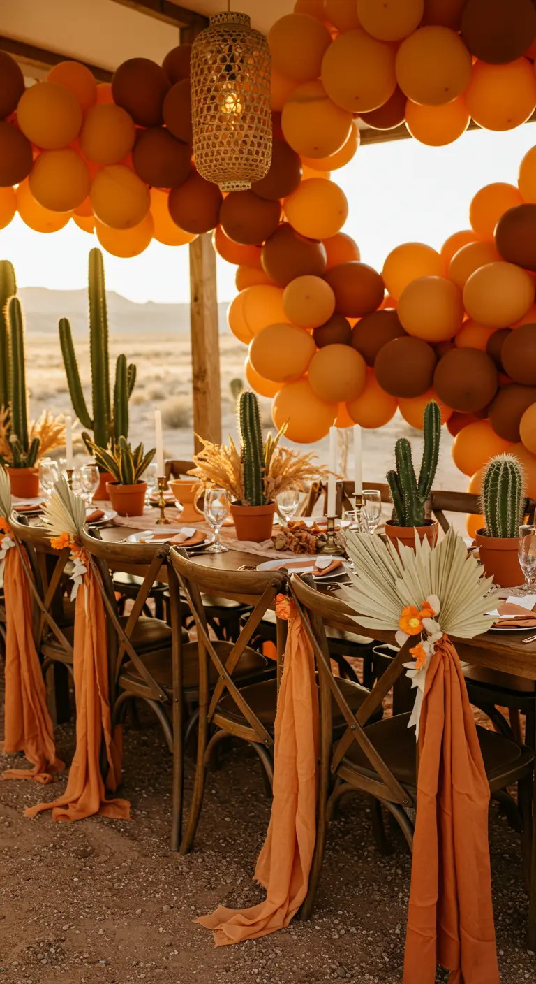 Chaises en bois avec tissu orange et feuilles de palmier séchées.