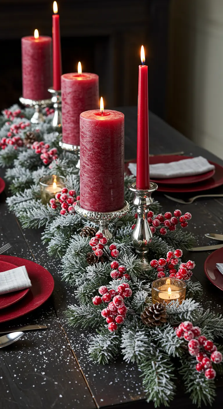 Centre de table traditionnel avec bougies rouges et houx givré.