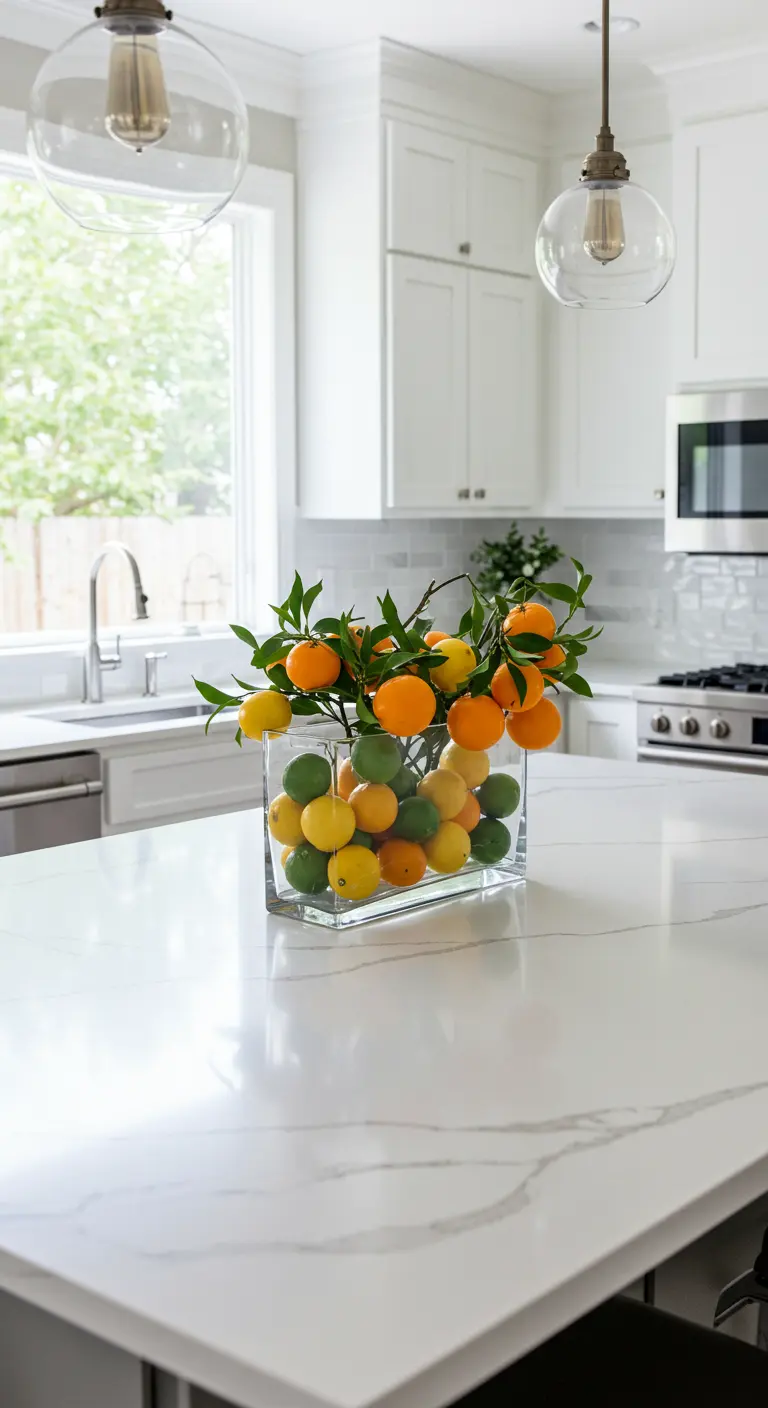 Un grand vase en verre rempli de citrons, citrons verts et oranges sur un comptoir de cuisine.