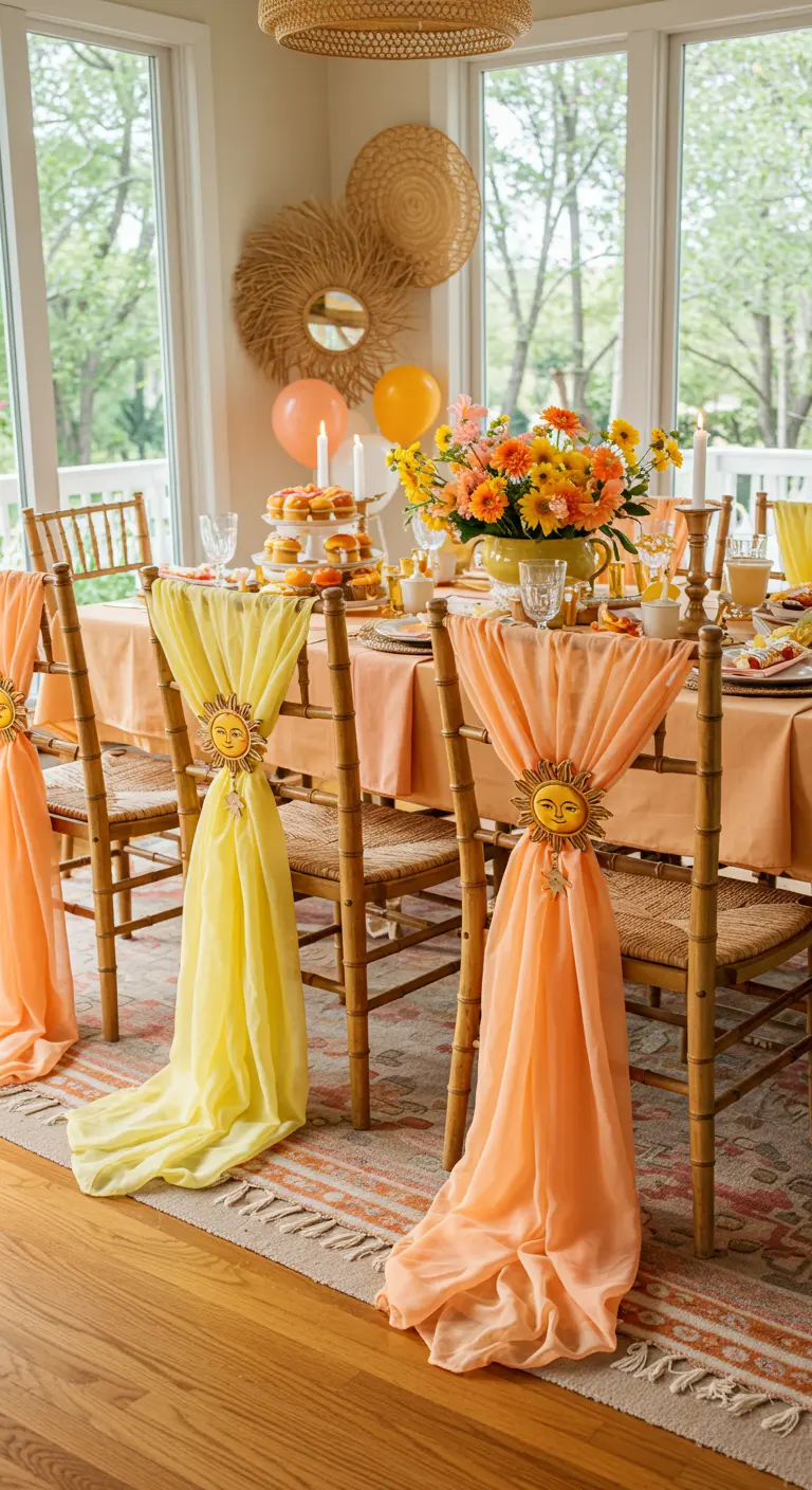 Chaises en bambou drapées de tissu jaune et orange avec des soleils dorés.