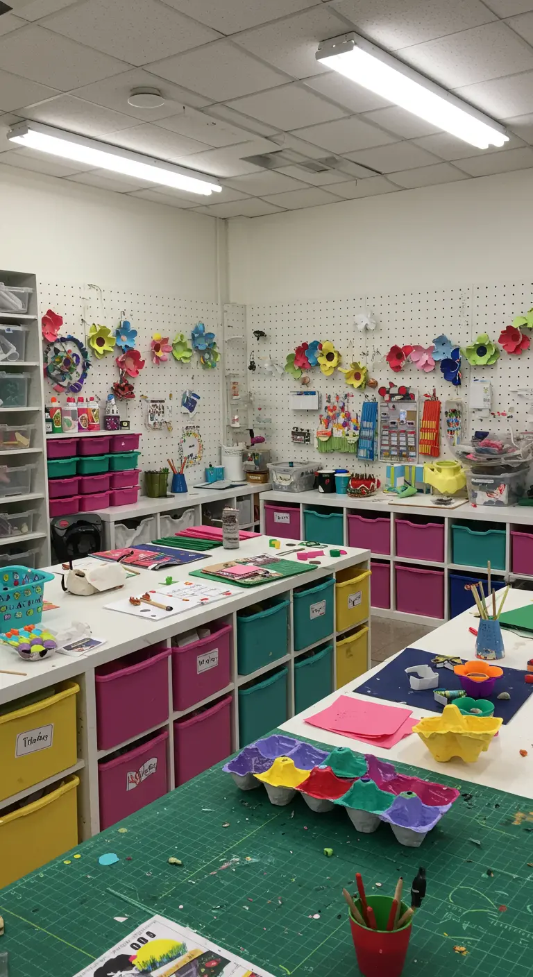 Guirlande de fleurs colorées fabriquées à partir de boîtes d'œufs recyclées dans un atelier d'art.