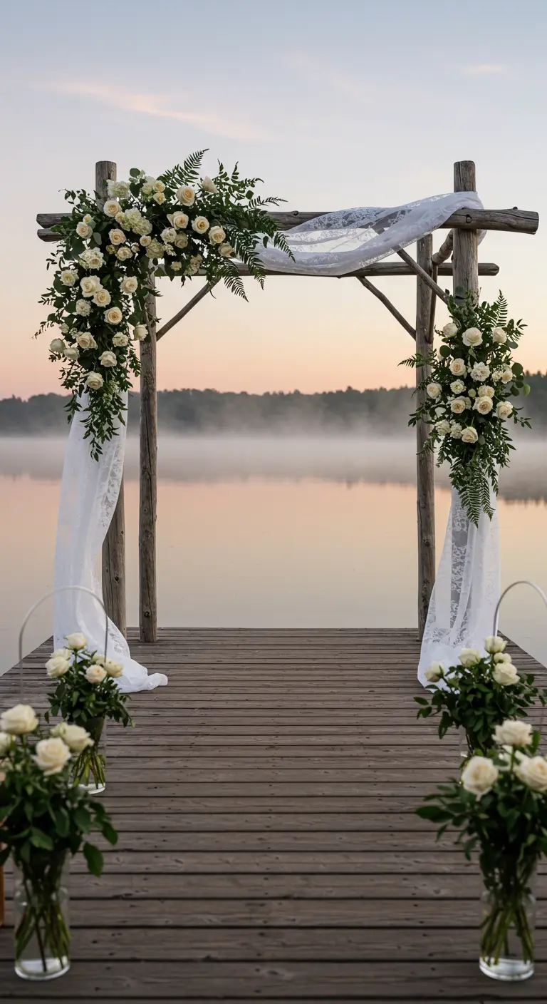 Arche en bois avec roses blanches sur un ponton au-dessus d'un lac brumeux.