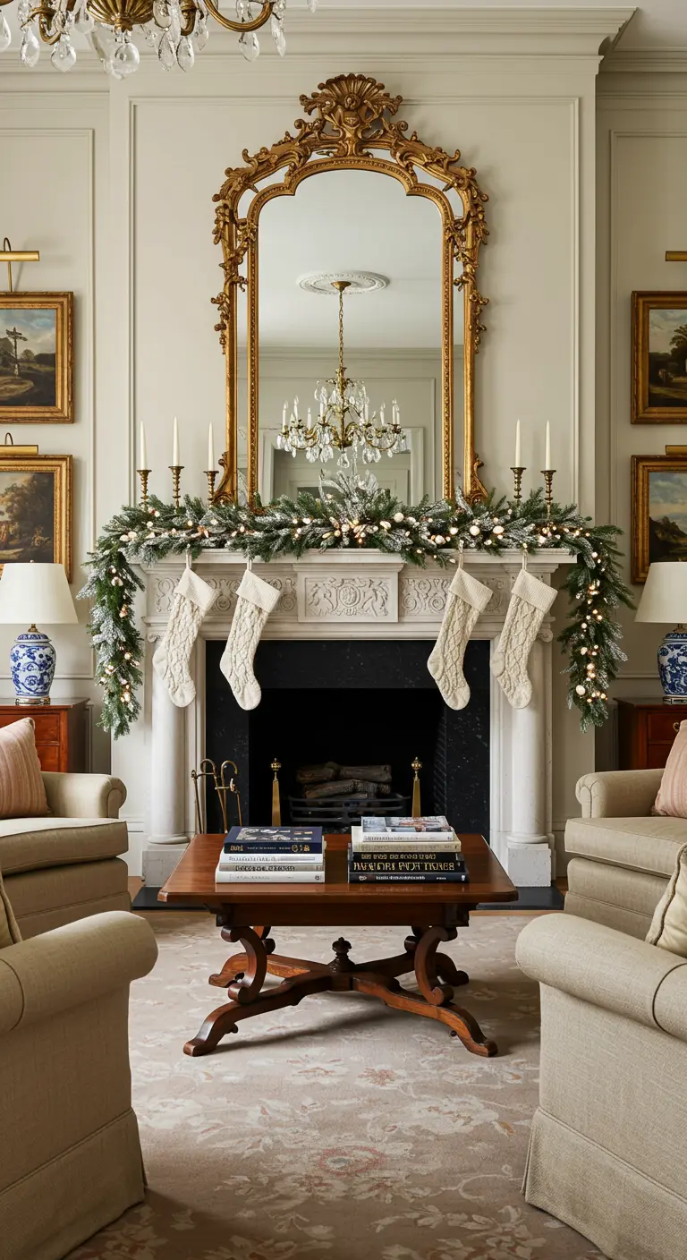 Cheminée classique blanche avec miroir doré et guirlande lumineuse.