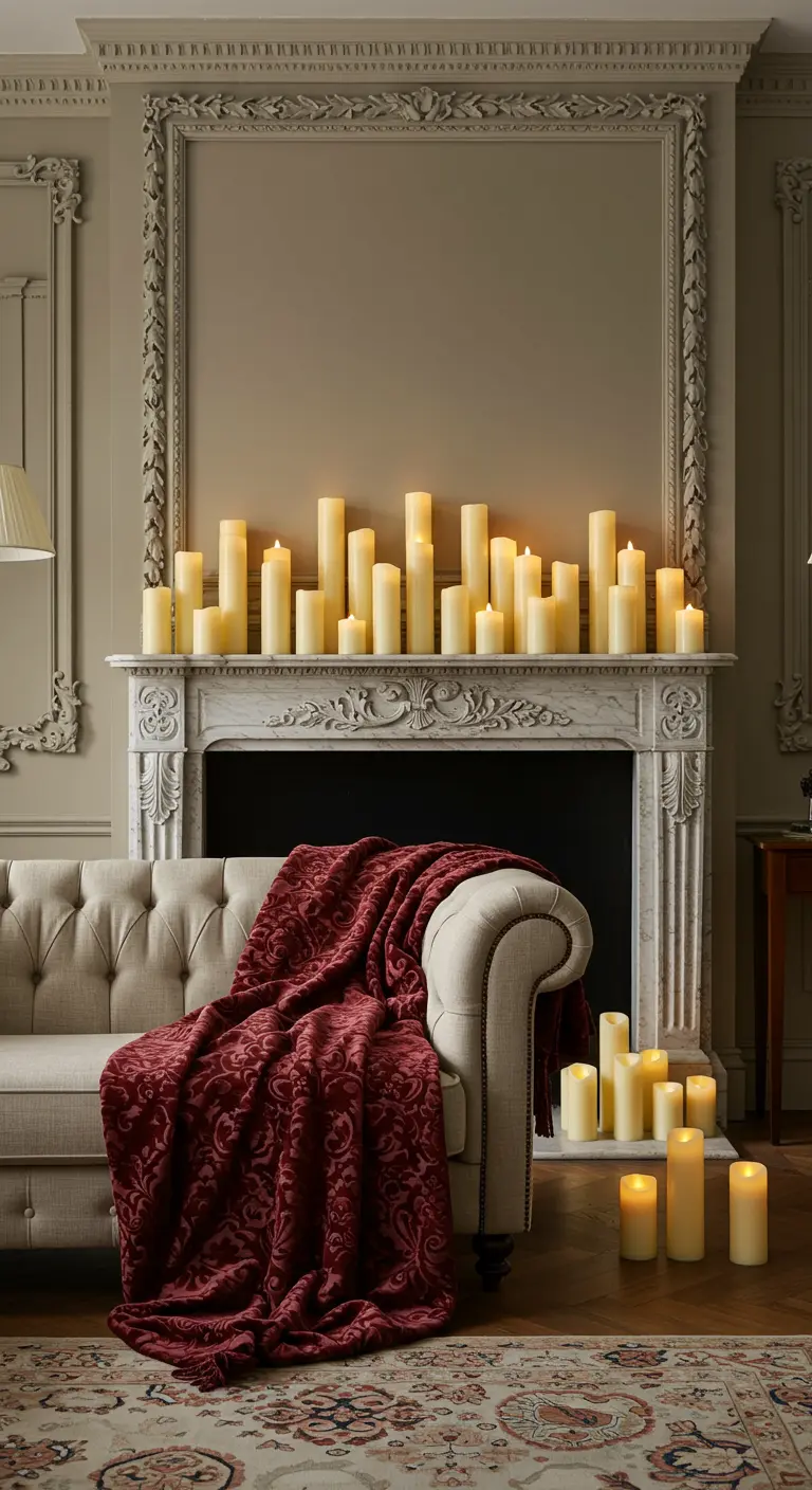 Cheminée classique ornée de nombreuses bougies LED, avec un canapé Chesterfield.