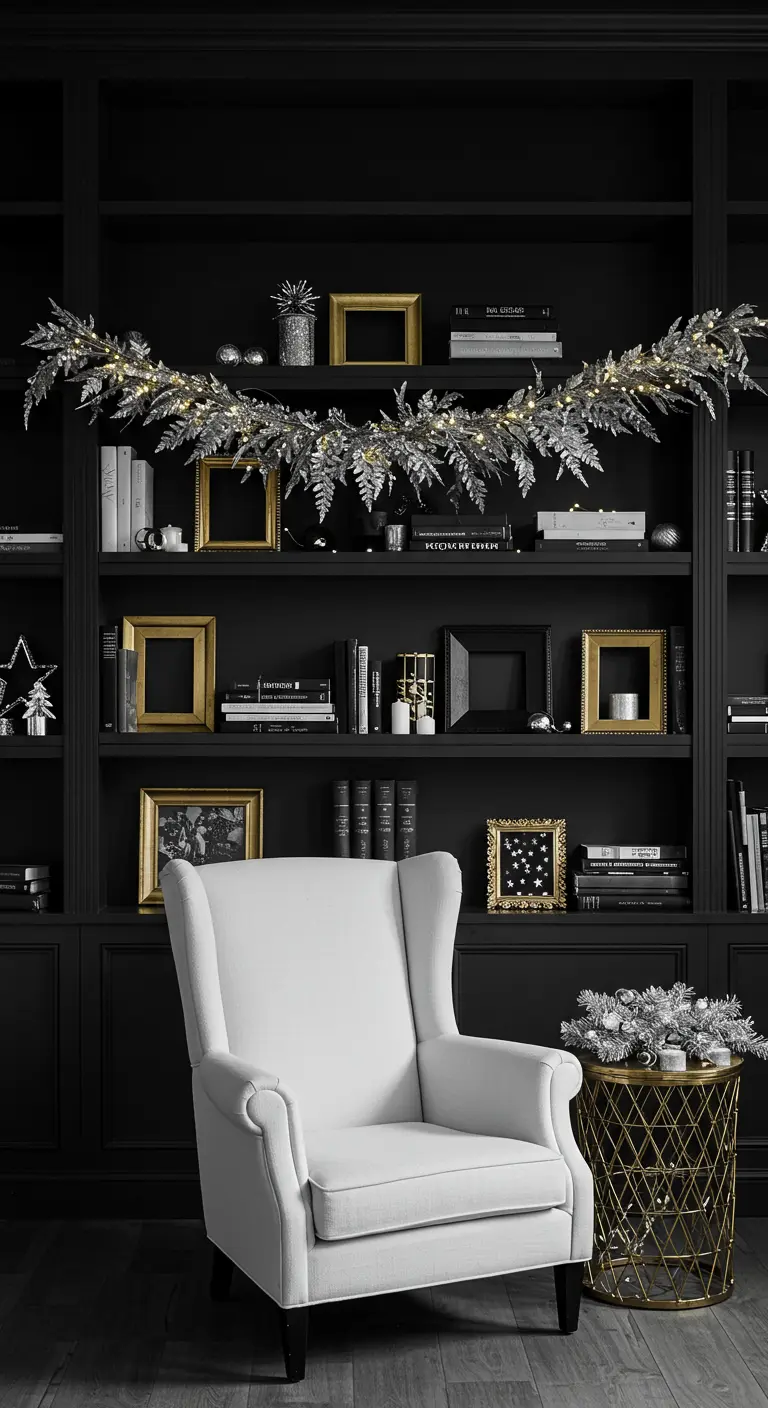 Bibliothèque noire décorée avec un fauteuil blanc et des cadres dorés.