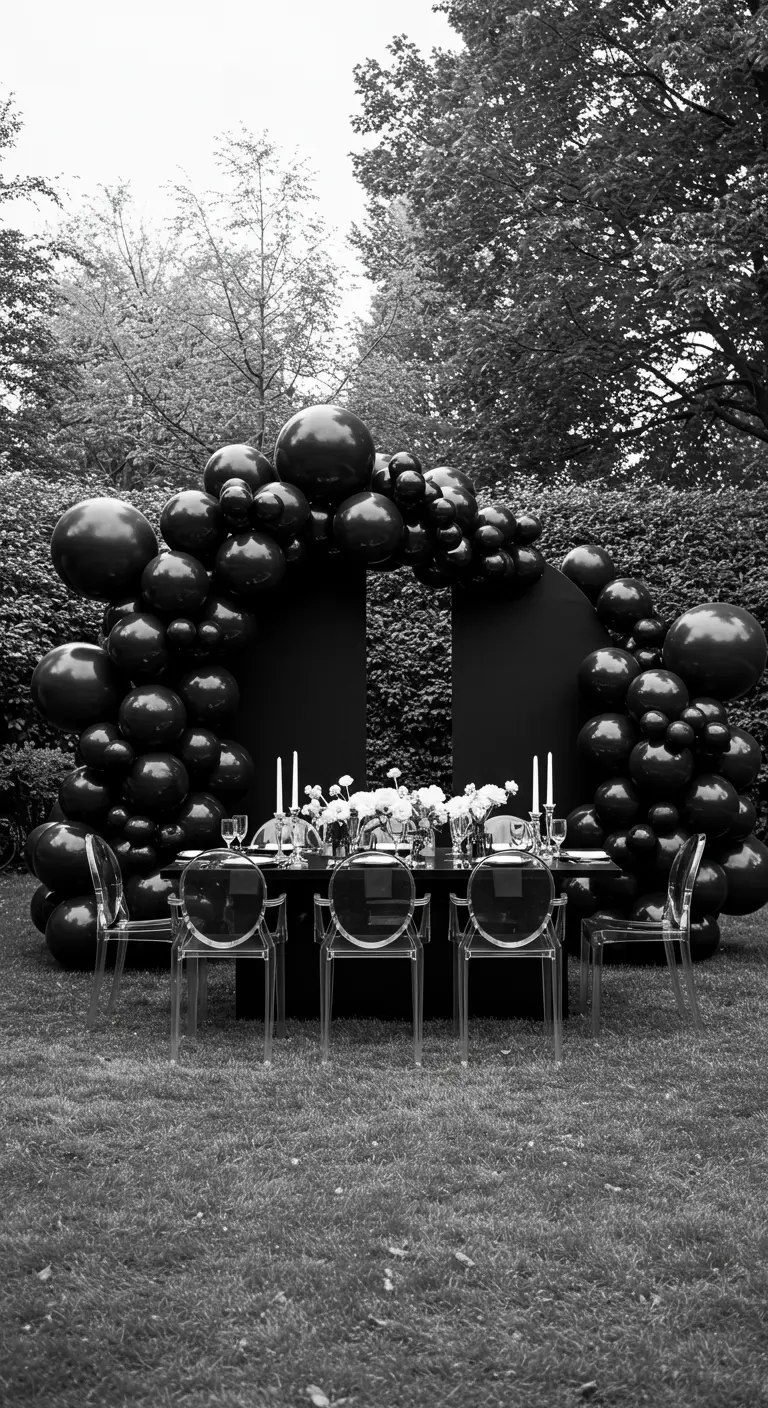 Arche de ballons entièrement noirs, très sculpturale, dans un jardin pour un dîner chic.