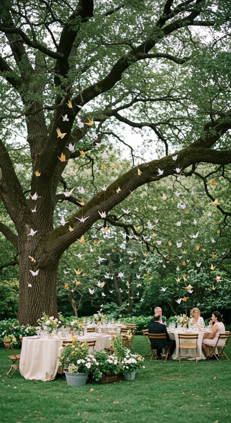 Des guirlandes de grues en origami dorées et blanches suspendues aux branches d'un grand arbre.