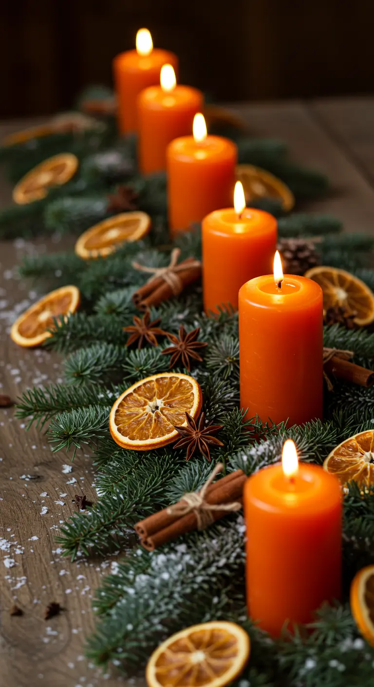 Guirlande de table avec bougies orange et agrumes séchés.