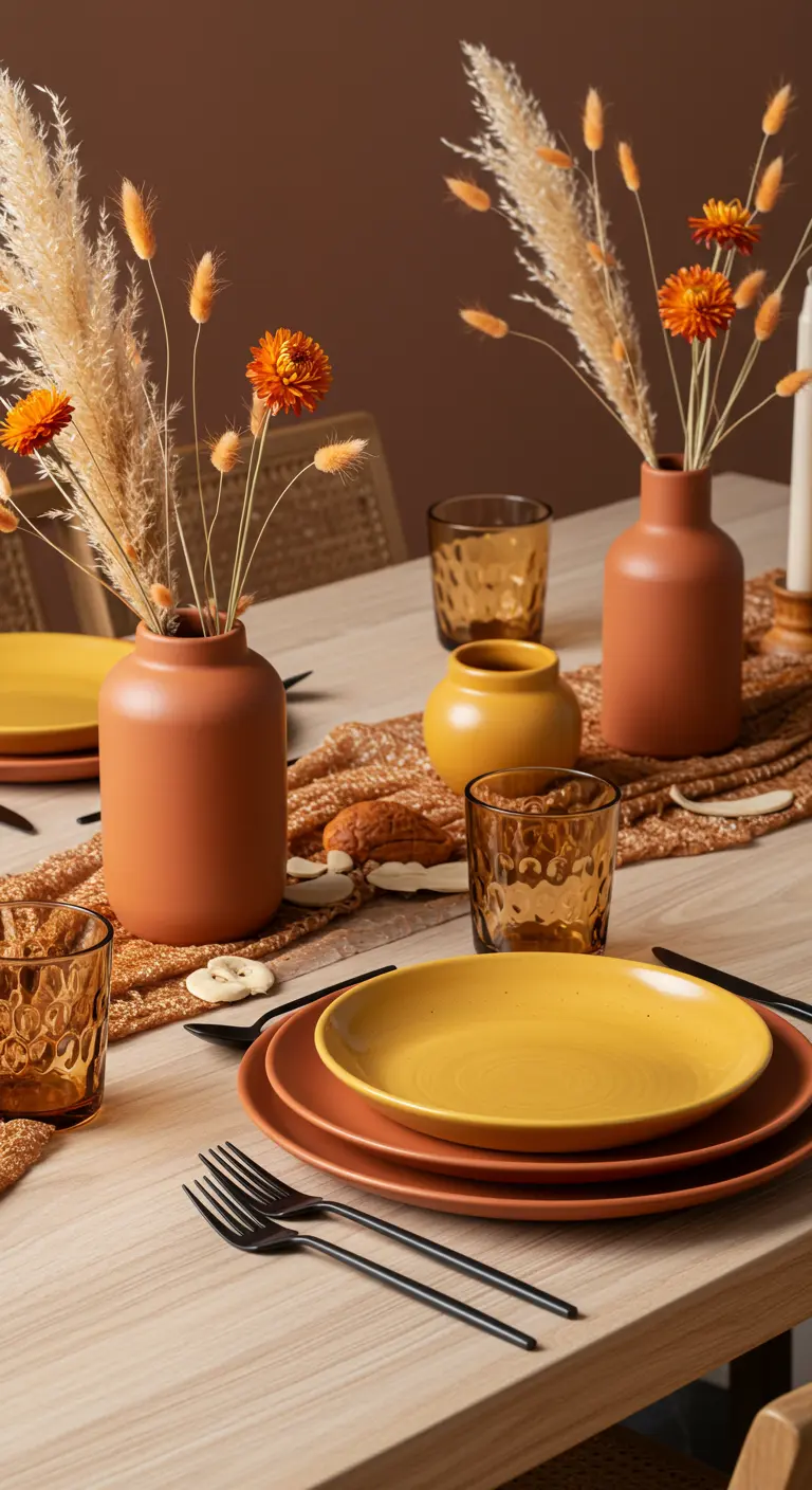 Table aux tons terreux avec vaisselle ocre et terracotta et des fleurs séchées.