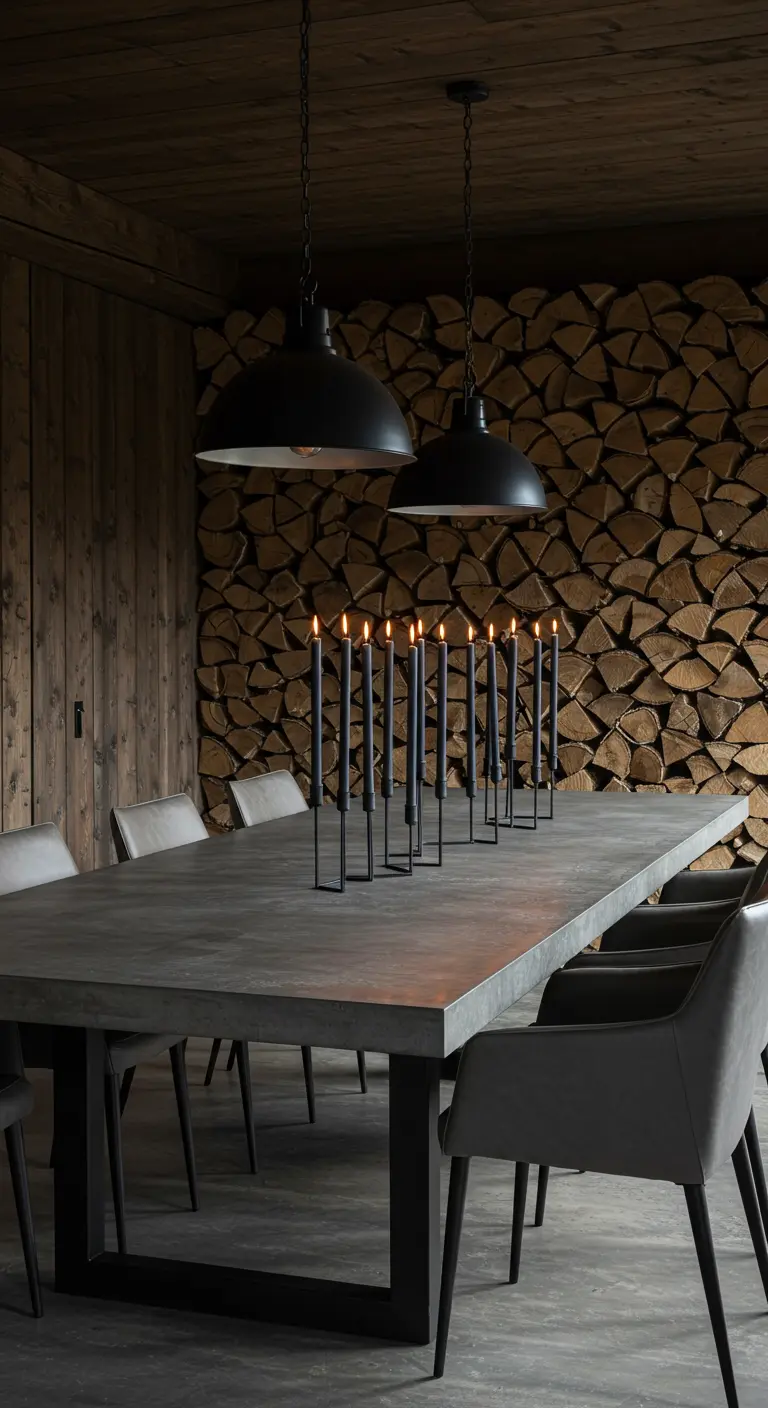 Table de salle à manger moderne en béton avec un candélabre linéaire noir et des bougies fines.