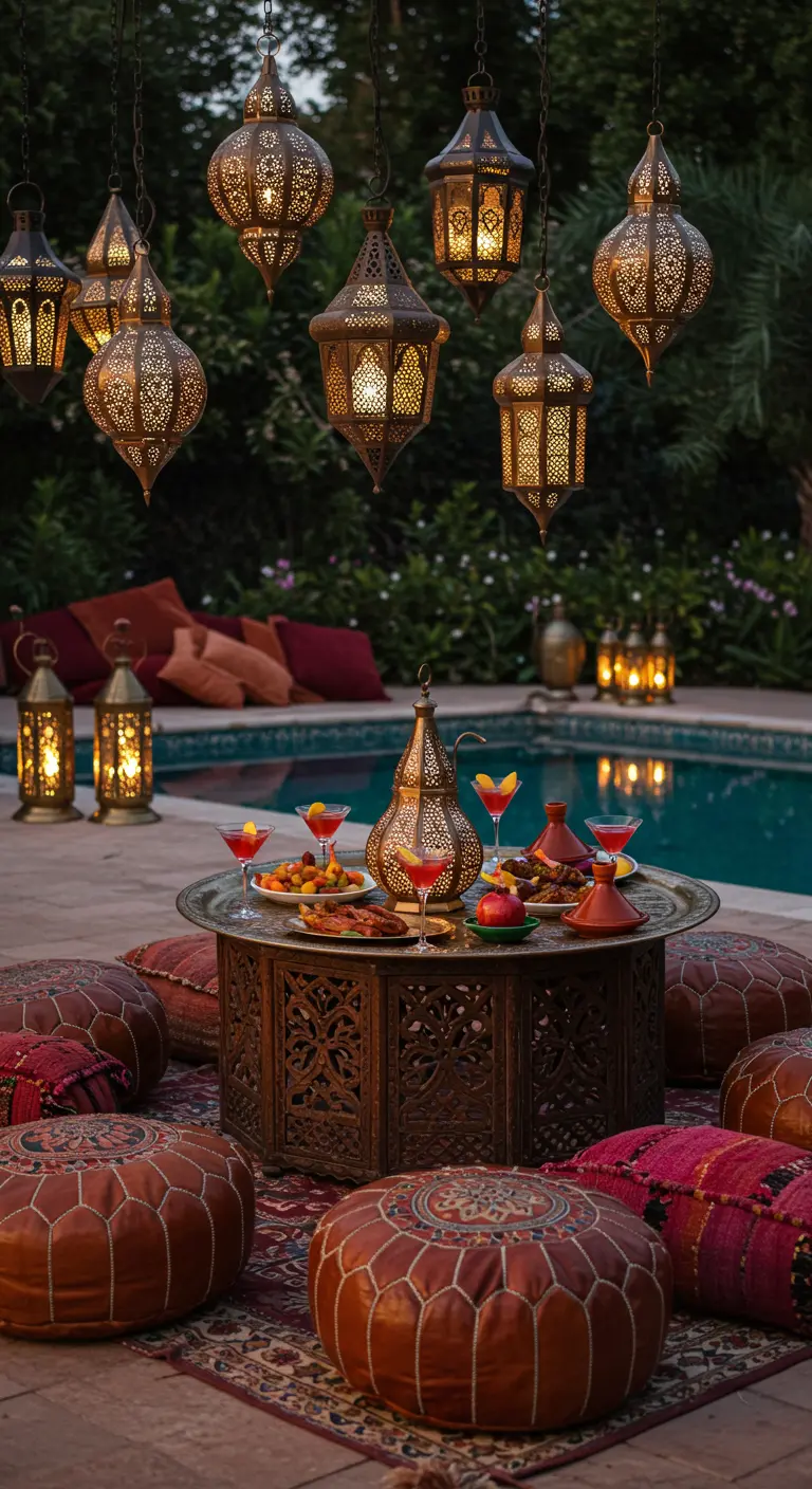 Ambiance marocaine avec lanternes suspendues, poufs et table basse ciselée.