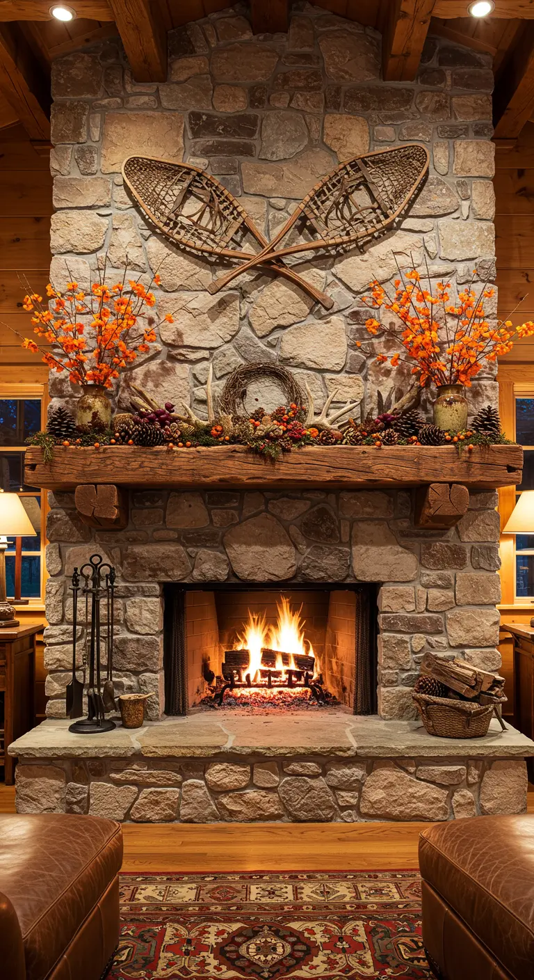 Cheminée de style chalet rustique avec des raquettes en bois, des bois de cerf et des pommes de pin.