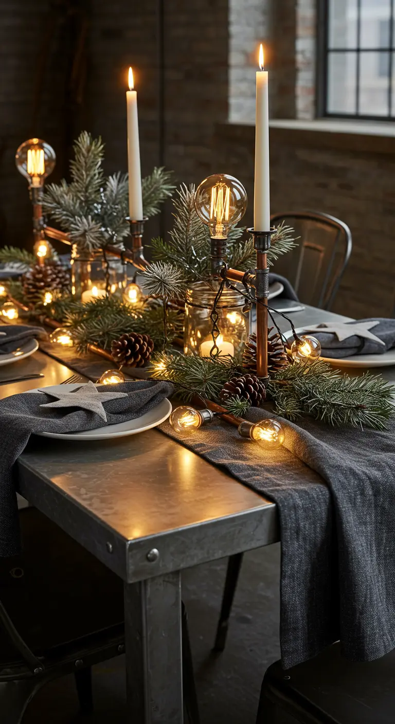 Table de style industriel avec des chandeliers en cuivre et une guirlande d'ampoules.