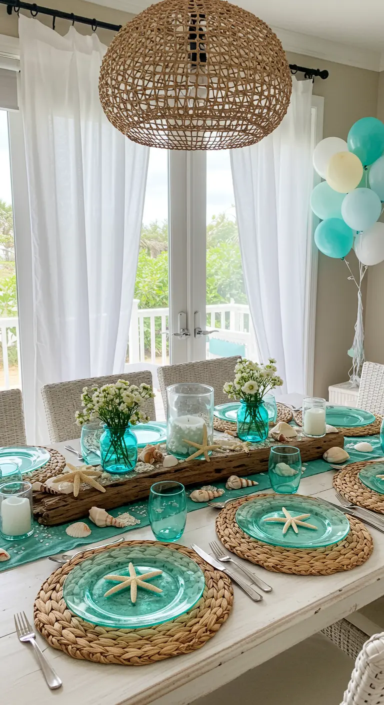 Table d'anniversaire sur le thème de la mer avec bois flotté, étoiles de mer et vaisselle turquoise.