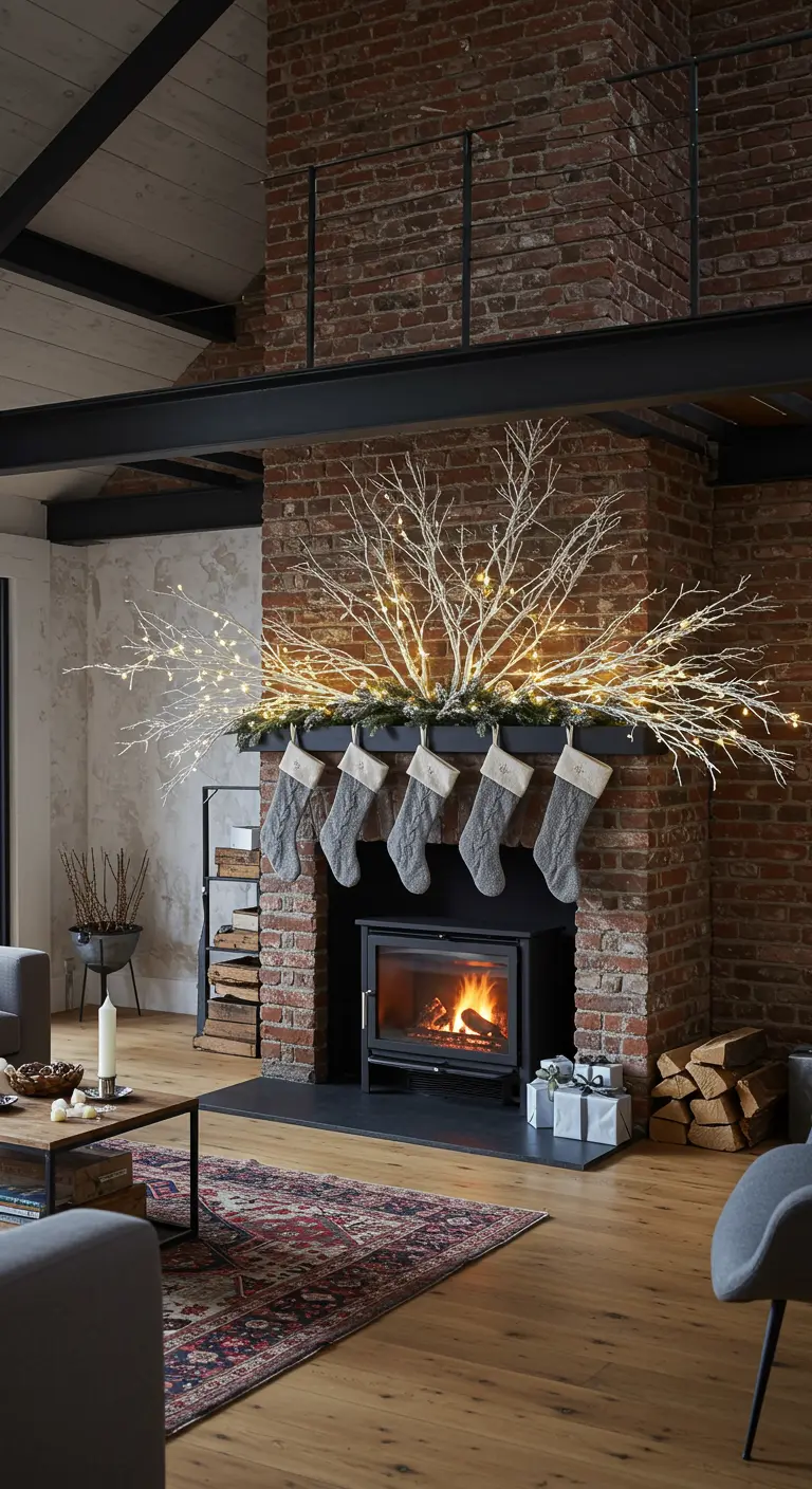 Cheminée en briques de style industriel avec des branches lumineuses explosives.