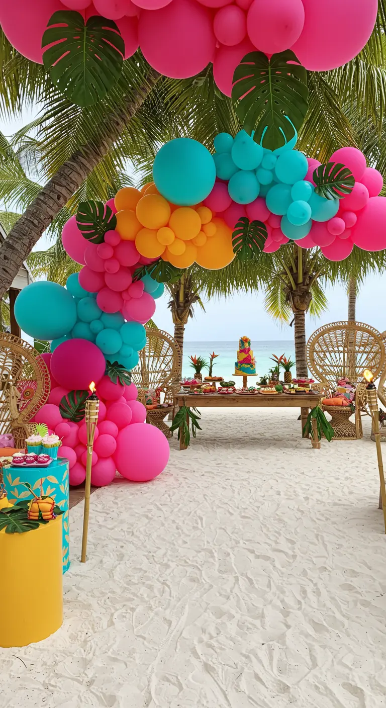 Arche de ballons très colorée (rose, bleu, orange) avec des feuilles tropicales sur une plage.