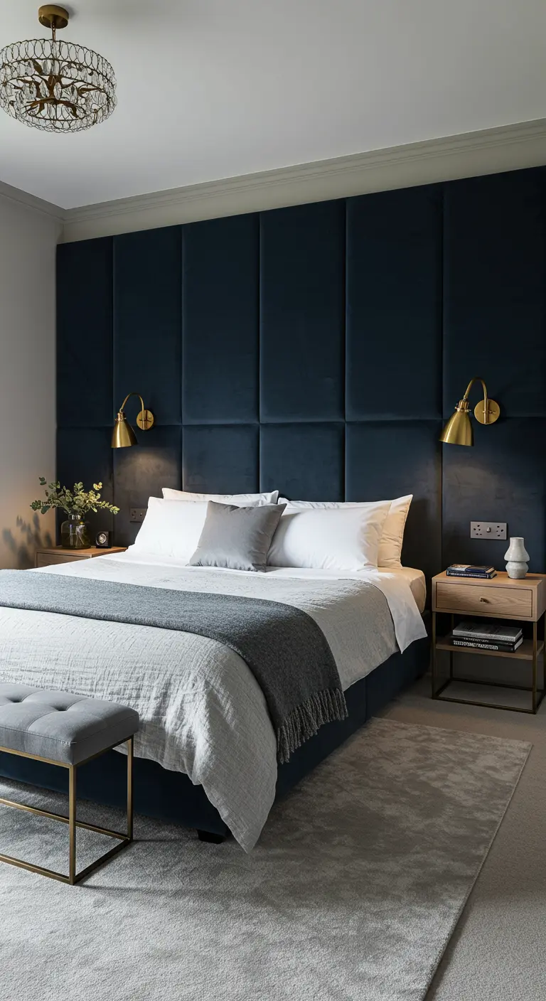 Chambre élégante avec une tête de lit murale composée de grands panneaux de velours bleu marine.