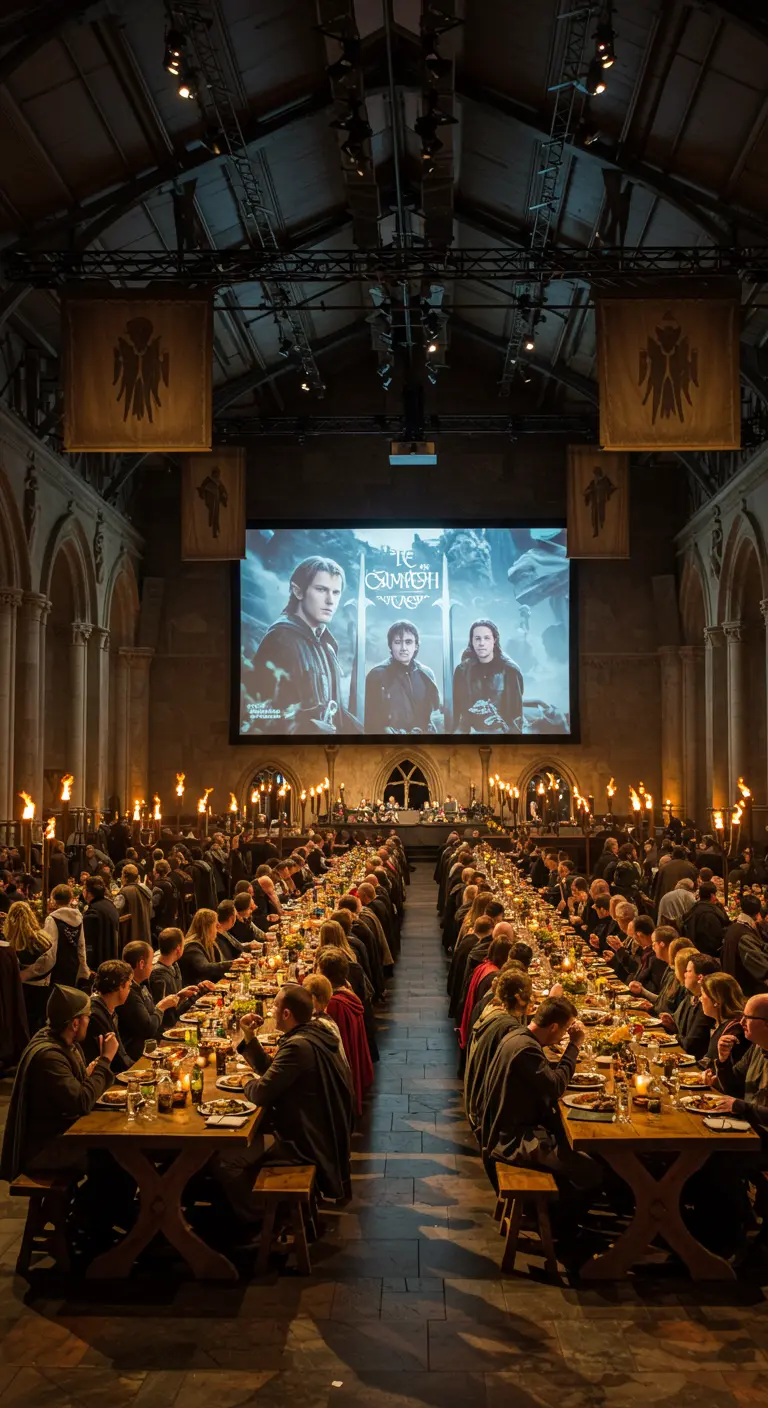 Banquet médiéval dans une grande salle avec de longues tables et des torches.