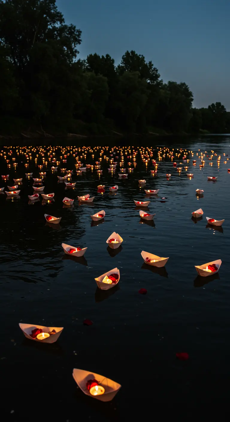 Des centaines de petits bateaux en papier avec des bougies sur une rivière.