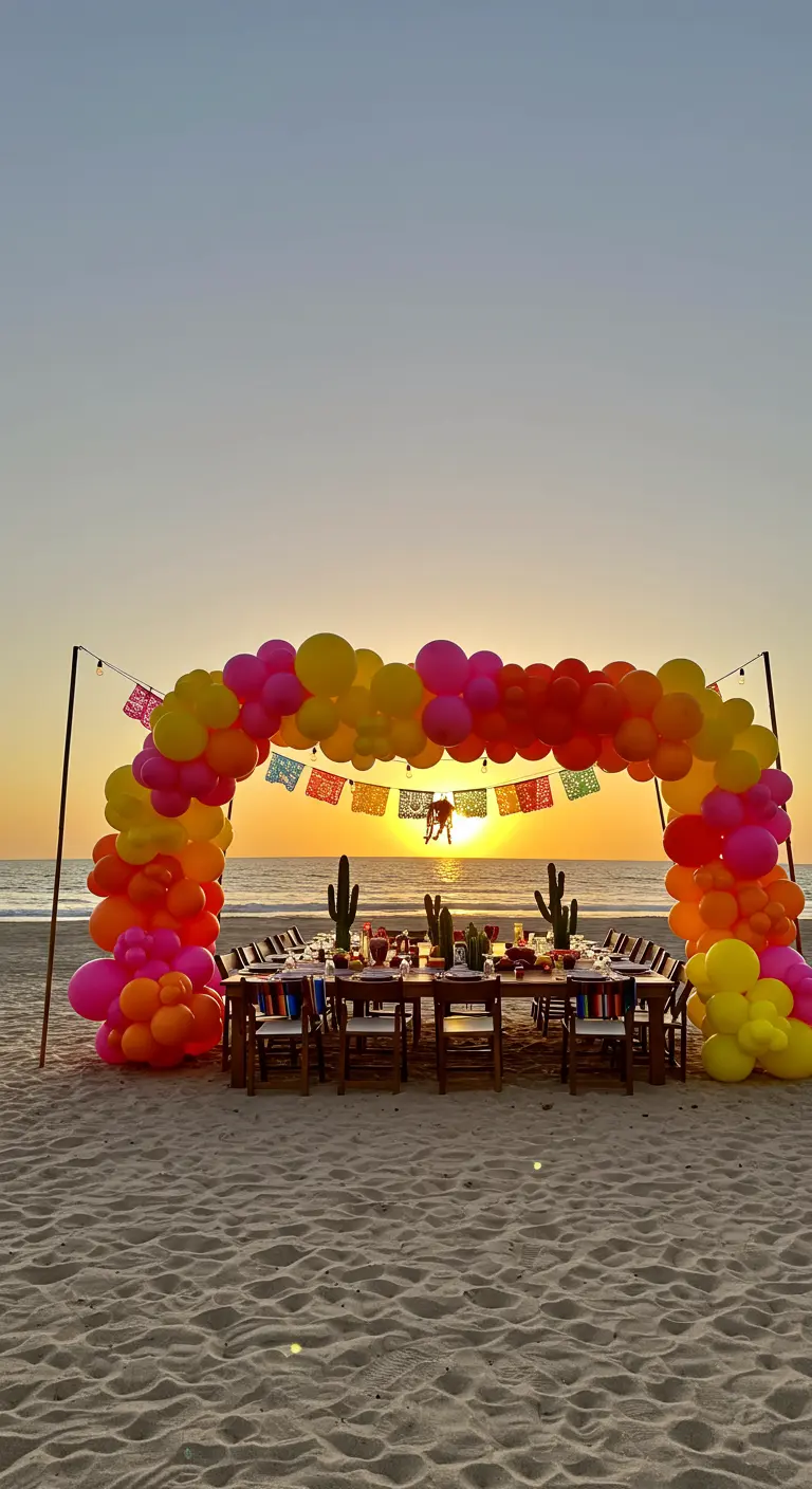 Arche de ballons très colorés (rose, orange, jaune) avec des fanions mexicains sur la plage.