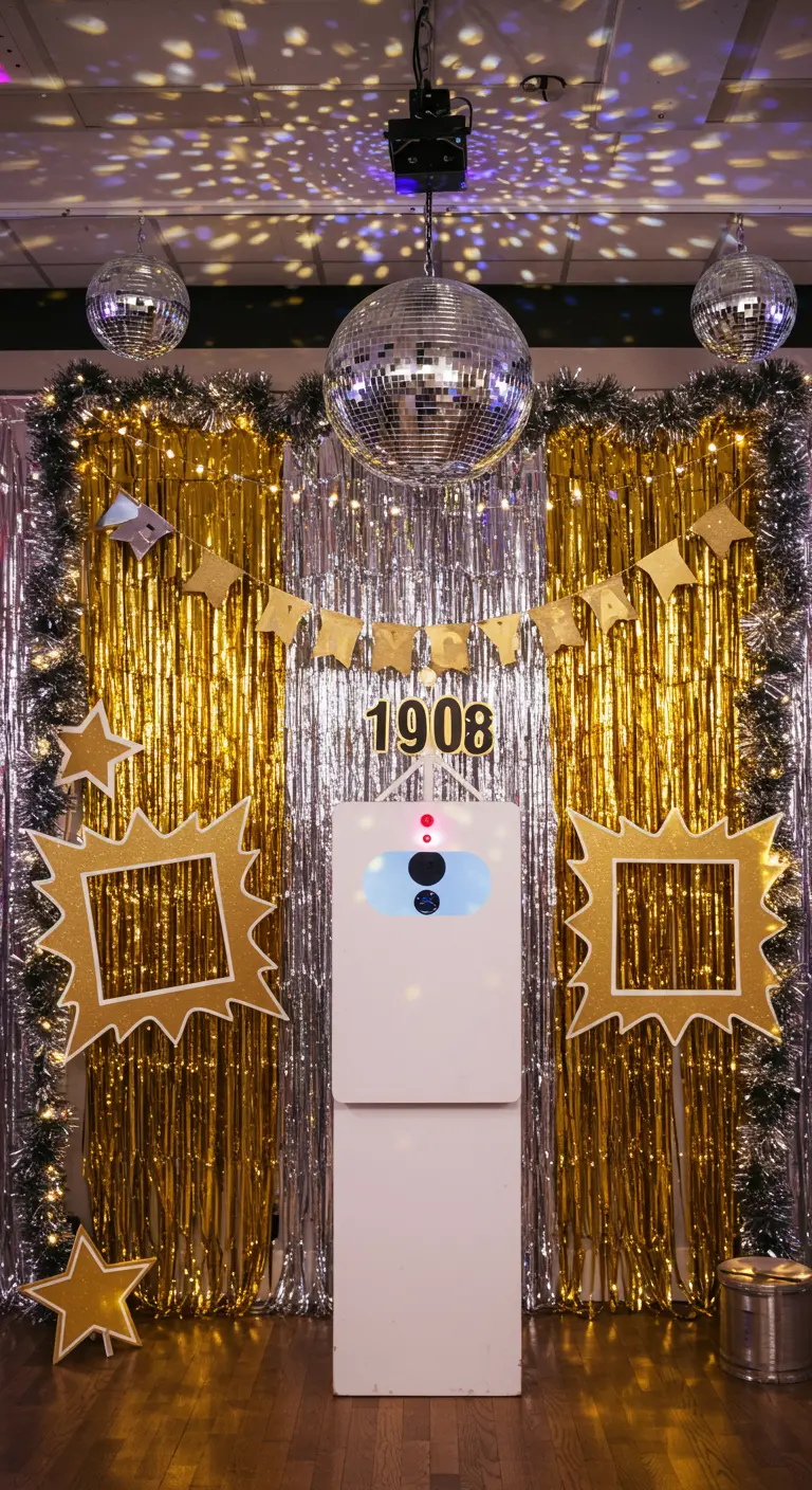 Coin photobooth thème disco avec rideaux brillants et boules à facettes.