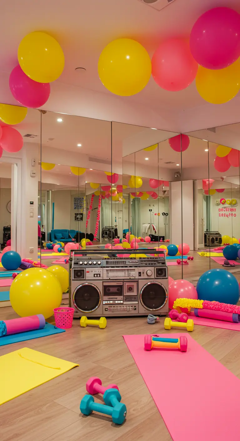 Salle de sport colorée avec un ghettoblaster, des ballons et des tapis de yoga.