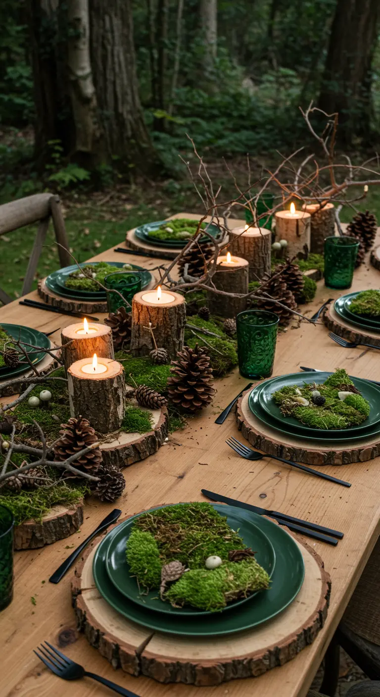 Table décorée sur le thème de la forêt avec des rondins de bois, de la mousse et des bougies.
