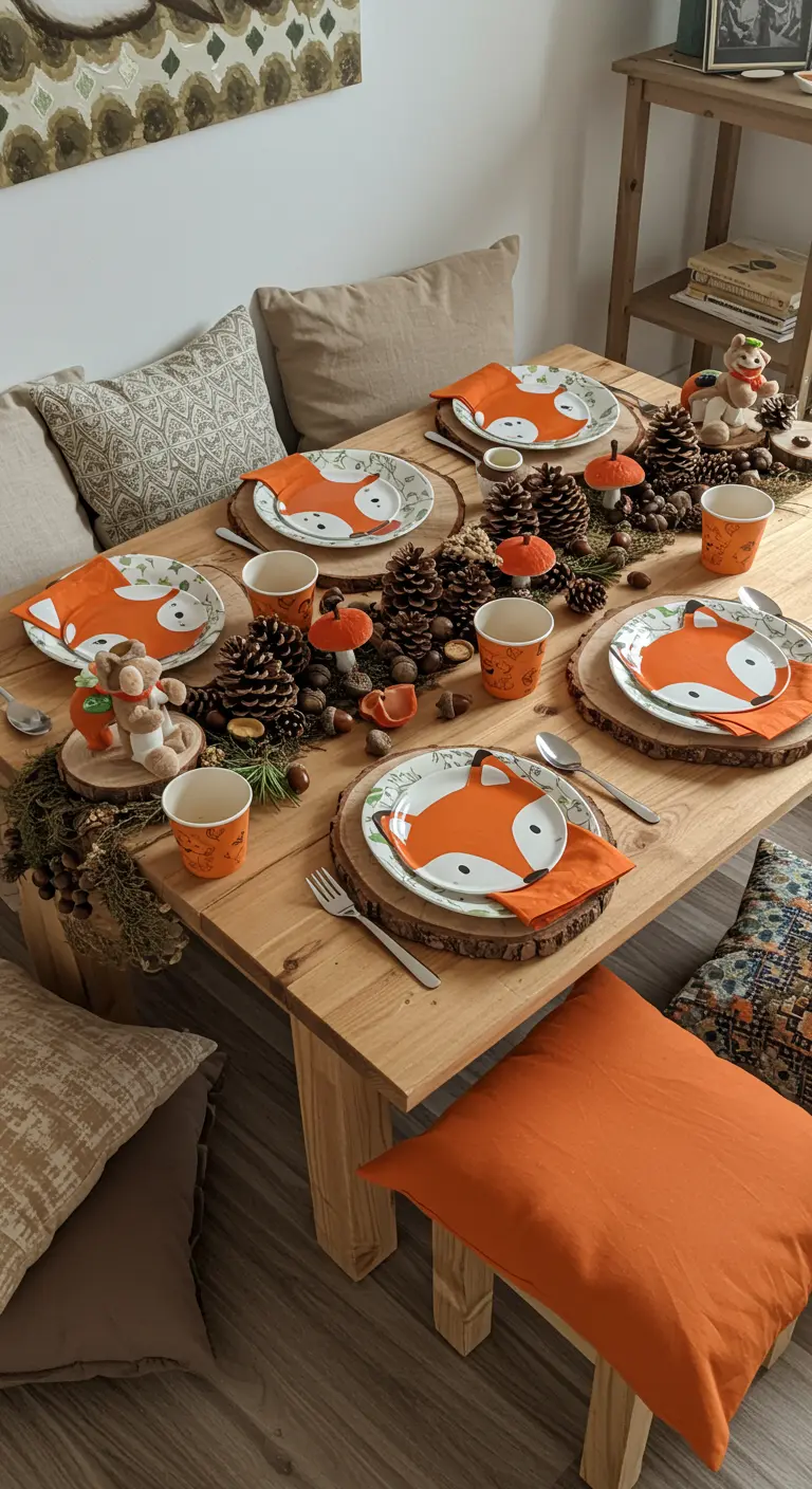 Table en bois décorée sur le thème du renard et de la forêt avec des pommes de pin.