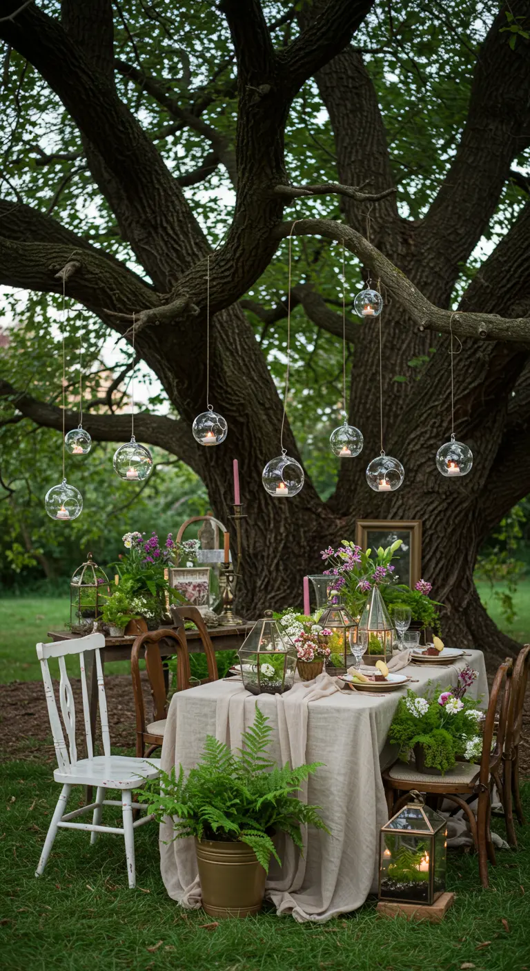 Table de fête dressée en extérieur sous un arbre avec des bougies suspendues.