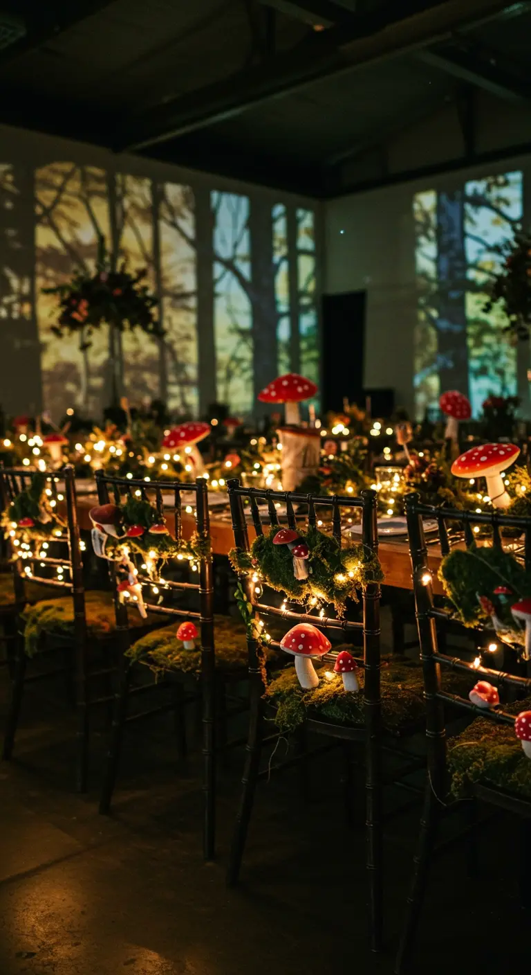 Chaises décorées de mousse, de champignons et de lumières pour un thème féerique.
