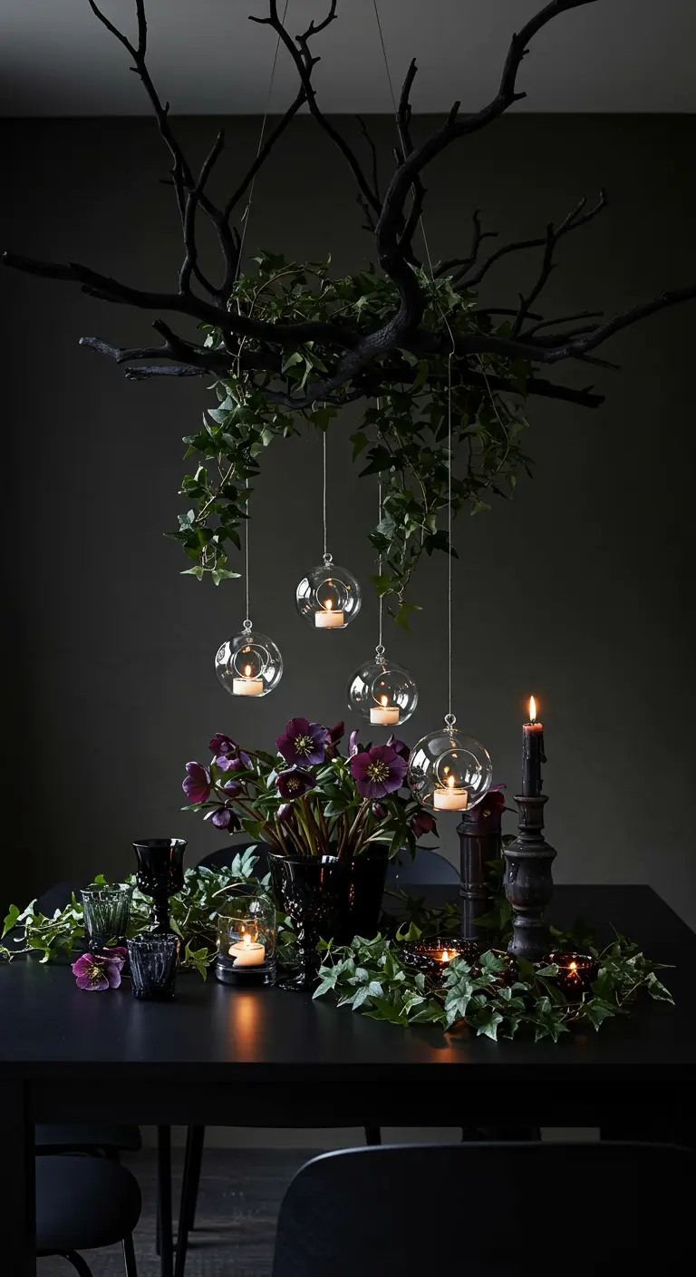 Une branche noire suspendue avec du lierre et des bougies, créant une ambiance sombre et mystérieuse.