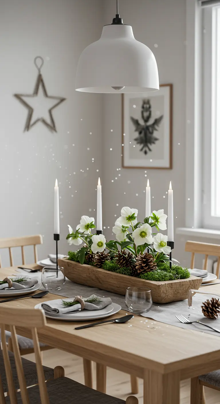 Centre de table scandinave avec fleurs blanches et bougies fines.