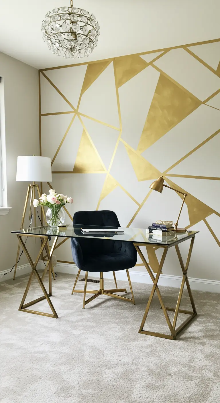 Mur d'accent géométrique doré derrière un bureau en verre et métal doré.