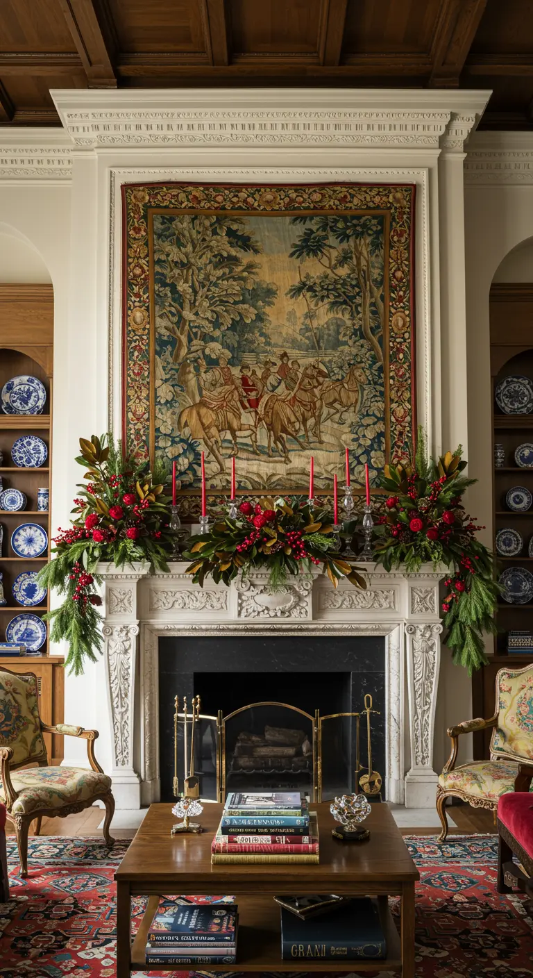 Cheminée monumentale décorée d'une grande tapisserie et d'opulents arrangements floraux rouges.