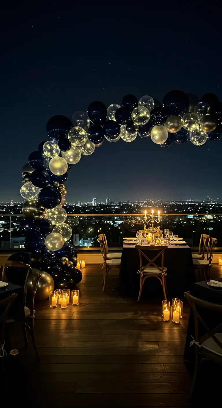 Arche de ballons bleu nuit et argent avec des lumières LED à l'intérieur, sur une terrasse la nuit.